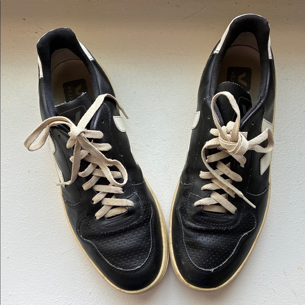 Veja Men's Black Leather Sneakers with Cream Laces and White Accents